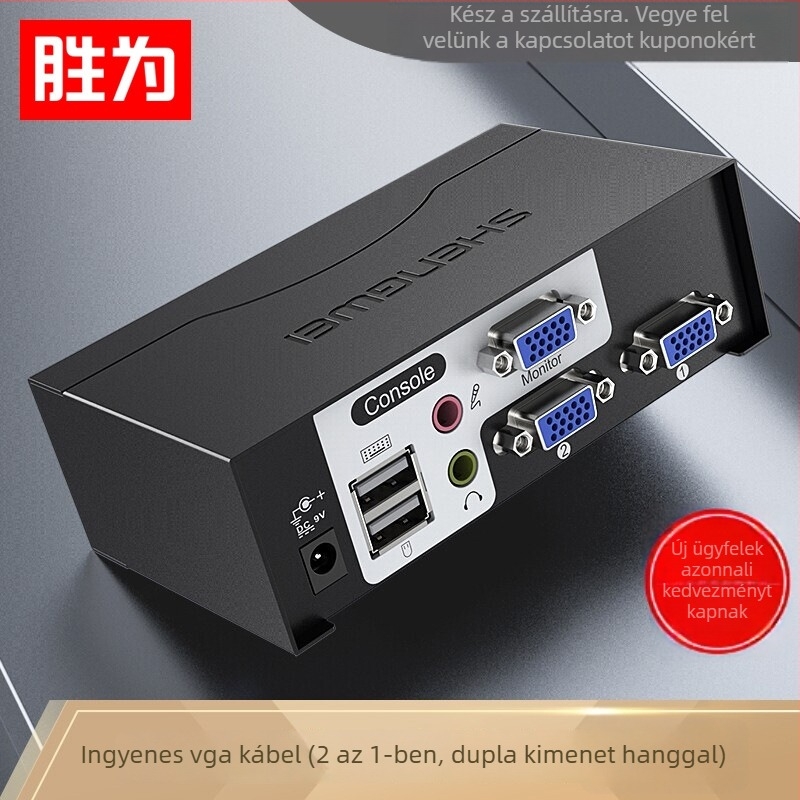 KVM kapcsoló USB billentyűzettel és egérrel, 2-portos VGA hanggal, 1920x1440 felbontás