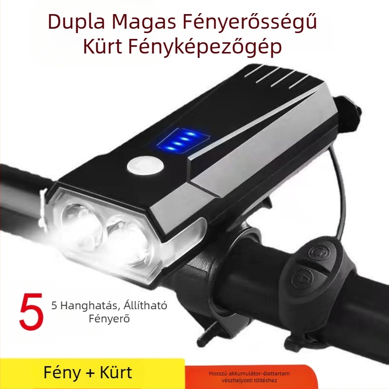 Kerékpár előtti lámpa duális T6 LED-del és kürttel, 600 lumen, éjszakai tekeréshez, akkumulátor 2000/4000 mAh, Micro-USB töltés