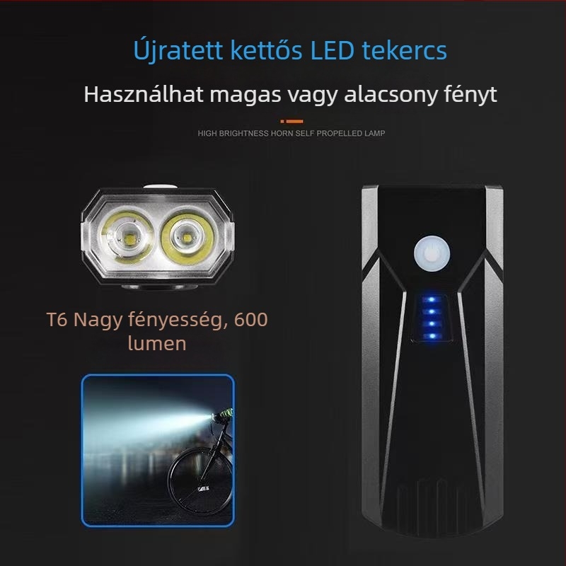 Kerékpár előtti lámpa duális T6 LED-del és kürttel, 600 lumen, éjszakai tekeréshez, akkumulátor 2000/4000 mAh, Micro-USB töltés