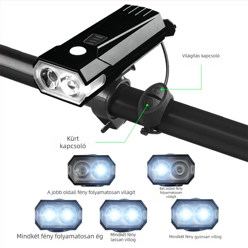 Kerékpár előtti lámpa duális T6 LED-del és kürttel, 600 lumen, éjszakai tekeréshez, akkumulátor 2000/4000 mAh, Micro-USB töltés
