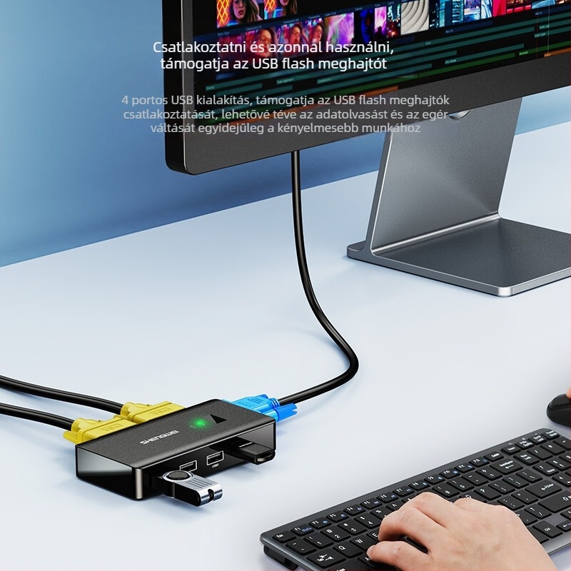 Win DVK1201G KVM kapcsoló, VGA, USB nyomtató megosztás, 2-in-1-out, két számítógép megosztja a billentyűzetet, egeret és a monitort, 1920x1440 felbontás