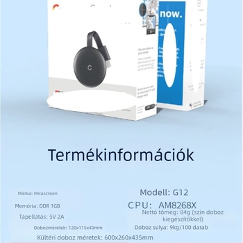 G12 Vezeték nélküli HDMI képernyő tükröző dongle, 1080P, beltéri használat, okostelefon-kompatibilis