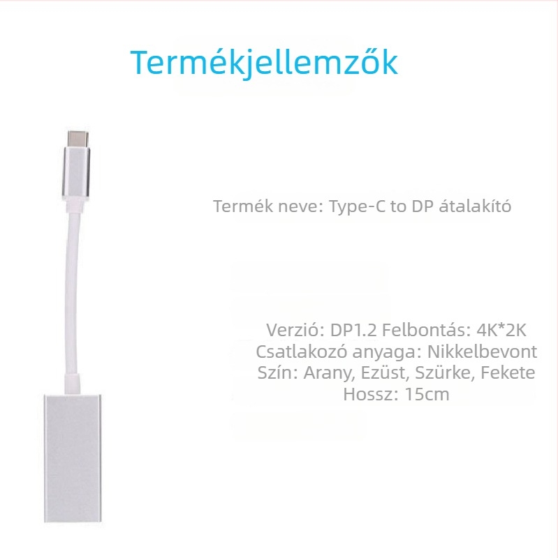 Type-C DP adapter kábel, verzió 1.2, 4Kx2K (3840x2160), hossz 0.25 m, videó interfész konverzió