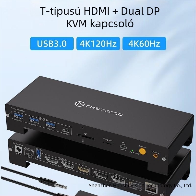 KVM kapcsoló USB-C, HDMI és dupla DP bemenetekkel, 4K@120Hz, 100W gyorstöltő kimenet