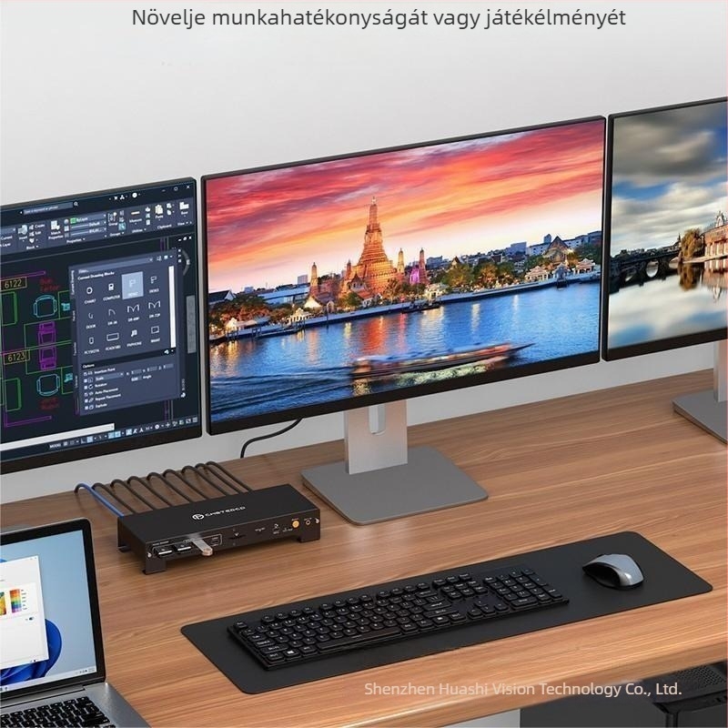 KVM kapcsoló USB-C, HDMI és dupla DP bemenetekkel, 4K@120Hz, 100W gyorstöltő kimenet