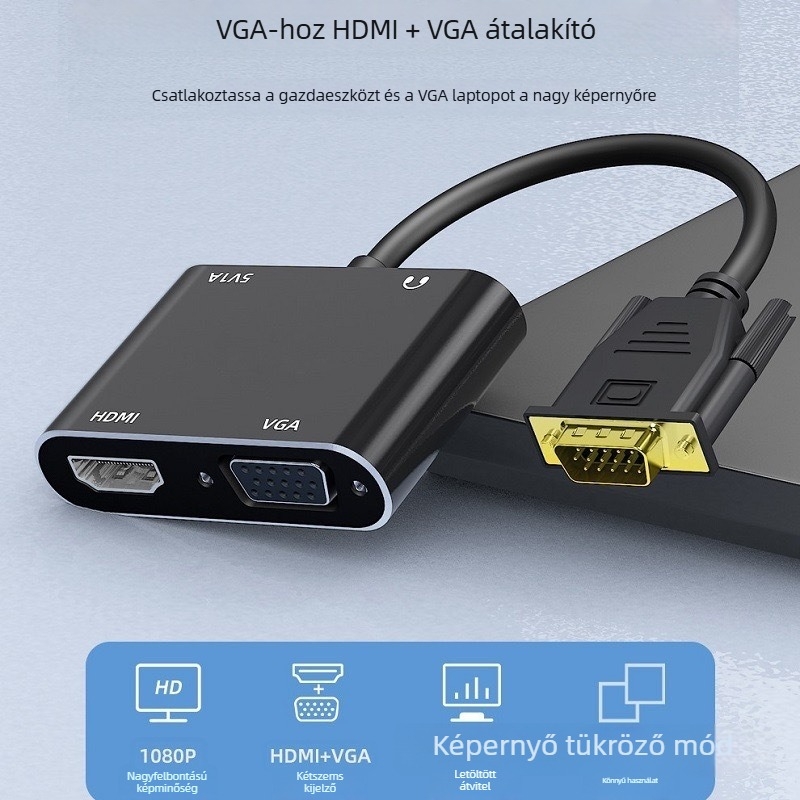 VGA–HDMI + VGA kétszemélyes kijelző konverter, videó adapter kábel, 25 cm, 1080P, Windows98 támogatás