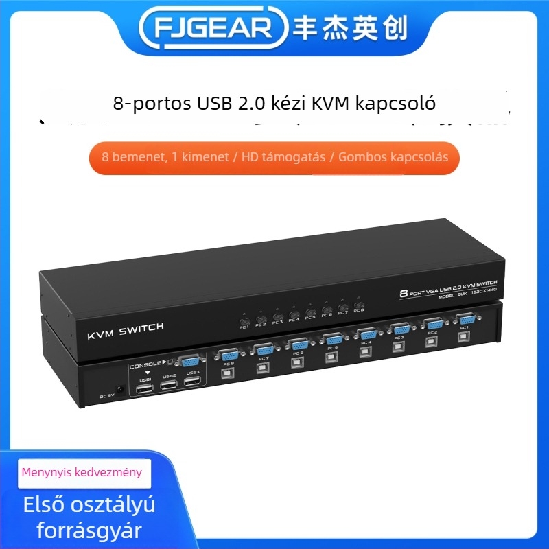 8-portos VGA KVM kapcsoló megosztott billentyűzettel és egérrel, 1 bemenet / 8 kimenet, gombos kapcsolás, fém ház