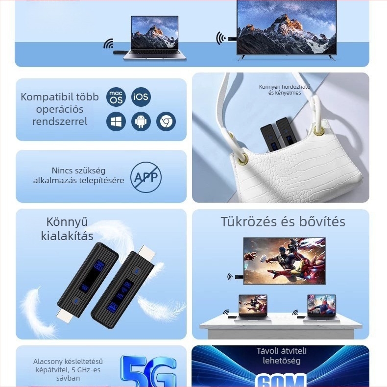 HDMI vezeték nélküli képernyőprojektor - 1080p60, 60 m hatótávolság, távoli ébresztés, energia-gazdálkodás