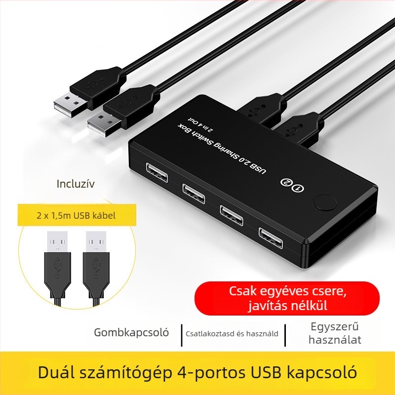 USB 2.0 megosztó eszköz: 2 bemenet, 4 kimenet, nyomtató megosztás két számítógép között