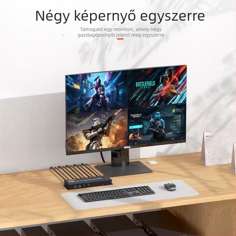 4-in-1 KVM kapcsoló, 4K@30Hz, egér áthaladó szinkronizáció, gyorsbillentyűk, távoli felébresztés – modell K6-1, 1826 megoldás