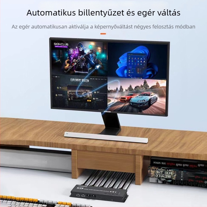 4-in-1 KVM kapcsoló, 4K@30Hz, egér áthaladó szinkronizáció, gyorsbillentyűk, távoli felébresztés – modell K6-1, 1826 megoldás