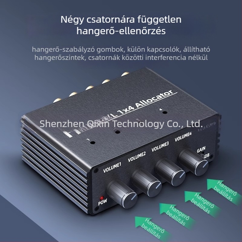 Audió osztó 1 bemenet 4 kimenet, egyidejű lejátszás, független hangerő-szabályozás, megosztott audio több erősítő között
