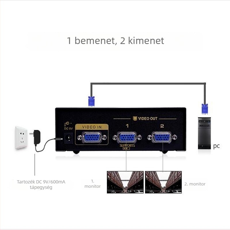 Shengwei 500MHz TV/PC videó 1x2 osztó, VGA 2-portos elosztó