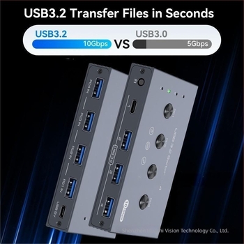 HS USB 3.2 4x4 KVM kapcsoló, négy USB 3.2 bemenettel és négy kimenettel: három USB 3.2 és egy USB-C.