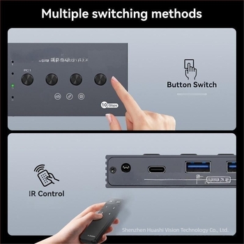 HS USB 3.2 4x4 KVM kapcsoló, négy USB 3.2 bemenettel és négy kimenettel: három USB 3.2 és egy USB-C.