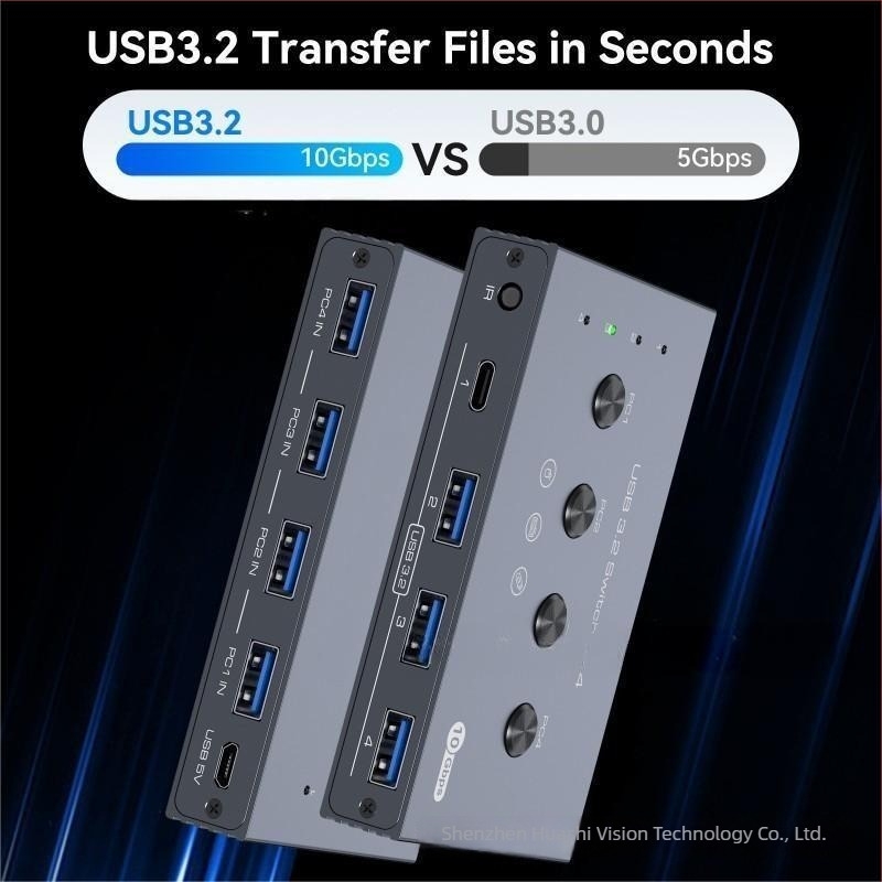 HS USB 3.2 4x4 KVM kapcsoló, négy USB 3.2 bemenettel és négy kimenettel: három USB 3.2 és egy USB-C.