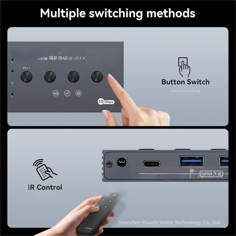 HS USB 3.2 4x4 KVM kapcsoló, négy USB 3.2 bemenettel és négy kimenettel: három USB 3.2 és egy USB-C.