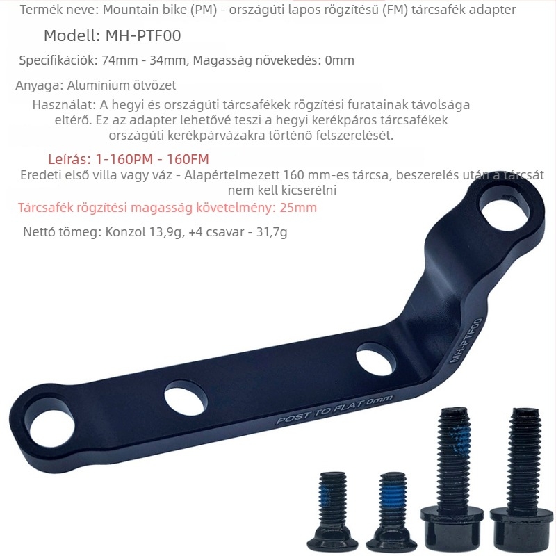 MTB-ről országúti kerékpárhoz szánt tárcsafék adapter, 74 mm-ről 34 mm-re, egyenes/plat rögzítő kampó