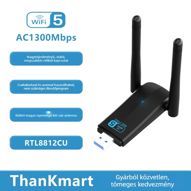 USB kétsávos vezeték nélküli hálózati adapter – 1300 Mbps, 2.4/5 GHz, USB interfész, támogatja az 802.11ac/a/b/g/n