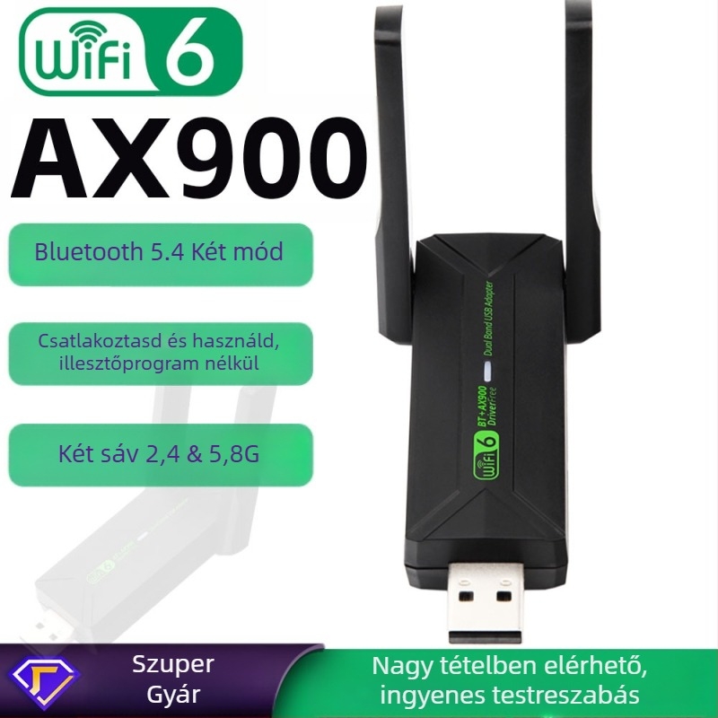 WiFi 6 USB vezeték nélküli hálózati kártya Bluetooth 5.4–900 Mbps, USB interfész, duál-sáv 2,4/5,8 GHz, IEEE 802.11ax/ac/a/b/n/g, chip AIC8800M80