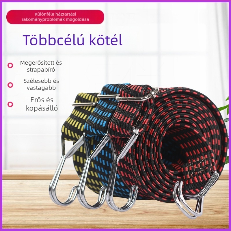 Állítható hosszúságú rugalmas rögzítőheveder (0,6–4 m), gumi-nátron dupla huzal horoggal, 4 mm vastagságú, kültéri használatra