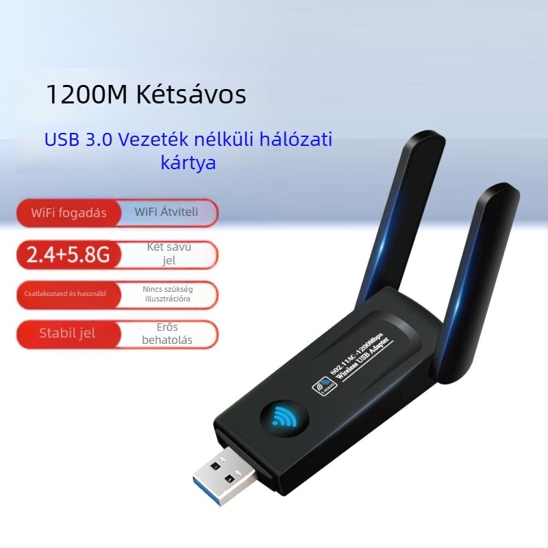 USB kétsávos vezeték nélküli hálózati kártya, 1300 Mbps, 2,4/5 GHz, IEEE 802.11b/g/n, Modell 1202