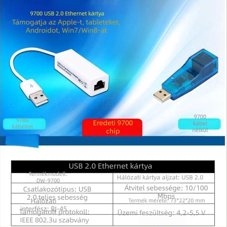 USB9700 USB–RJ45 Ethernet adapter, USB interfész, 150Mbps