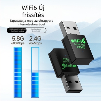 USB kettős sávos Wi‑Fi 6 vezeték nélküli hálózati kártya illesztőprogram nélkül, 2,4/5 GHz, 1300 Mbps, USB Bluetooth 5.4
