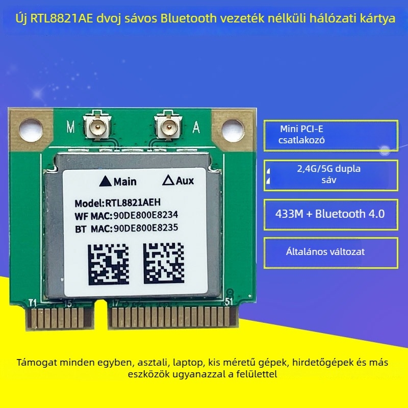 Lei Ling RTL8821AE Mini PCIe WiFi kártya, két sávos 2,4/5 GHz, 433 Mbps, 802.11AC