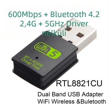 USB-s vezeték nélküli adapter Bluetooth 4.2-vel, 2-in-1, 2,4/5 GHz, USB interfész, 600 Mbps