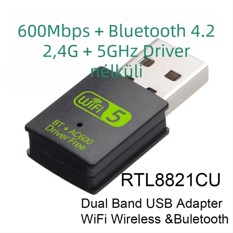 USB-s vezeték nélküli adapter Bluetooth 4.2-vel, 2-in-1, 2,4/5 GHz, USB interfész, 600 Mbps