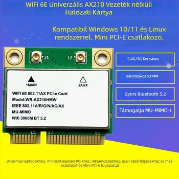 AX210 Mini PCIe WiFi 6E kártya, kétpászos 2.4/5 GHz, 802.11ax, akár 3 Gbps