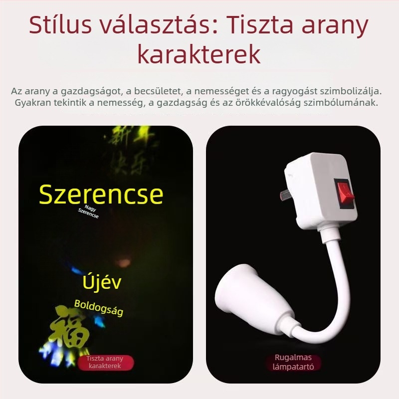 Hét színű változó szerencse-jelű LED-lámpa speciális effektekhez, 220V, műanyag test, PC árnyékoló, konnektoros tápegység, fényerő-szabályozás nélkül