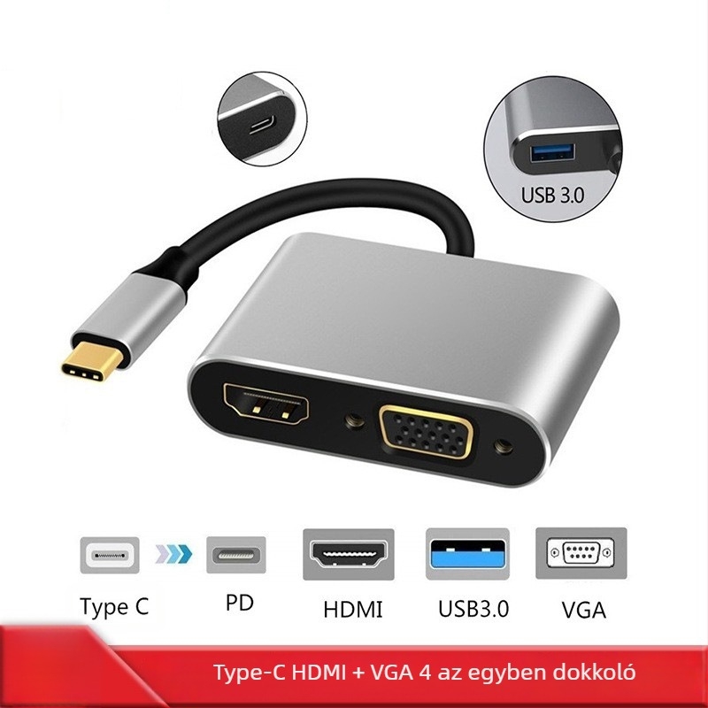USB-C 4-portos dokkolóállomás HDMI/VGA monitorhoz, USB 3.1, 5Gbps, 0,12 m kábel