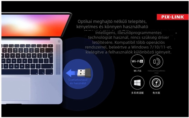 PIXLINK UAX08 kompakt USB WiFi 6 adapter, 300 Mbps, 2.4 GHz, 802.11ax támogatás