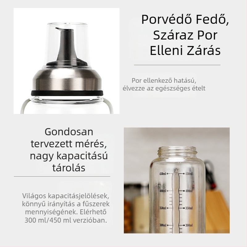 I nest konyhai fűszertartó, üveg-rozsdamentes acél-plasztik konstrukció, modern minimalista dizájn, logó nyomtatás elérhető.