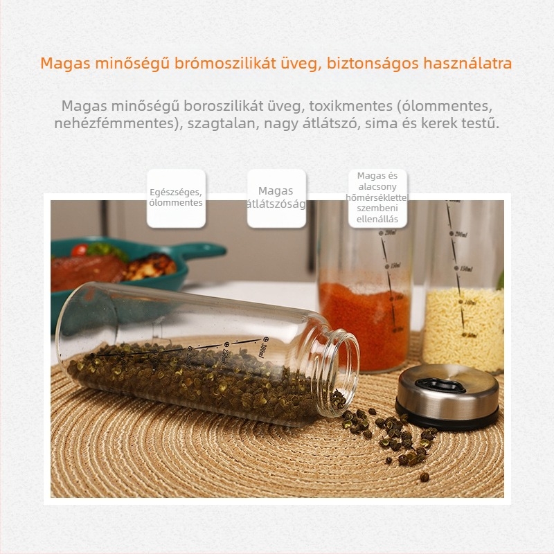 I nest konyhai fűszertartó, üveg-rozsdamentes acél-plasztik konstrukció, modern minimalista dizájn, logó nyomtatás elérhető.