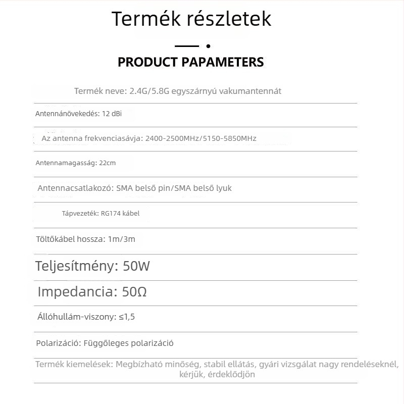 Külső kétsávos Wi‑Fi antenna routerhez, 2,4–5,8 GHz, 12 dBi, 50 Ω, SMA csatlakozó
