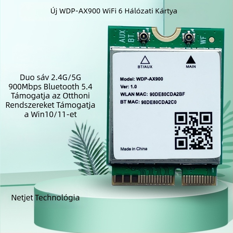 M.2 vezeték nélküli hálózati kártya – NGFF M.2 interfész, 900 Mbps, kétoldalas sáv 2,4/5 GHz, Bluetooth 5.2, modell WDP-AX900