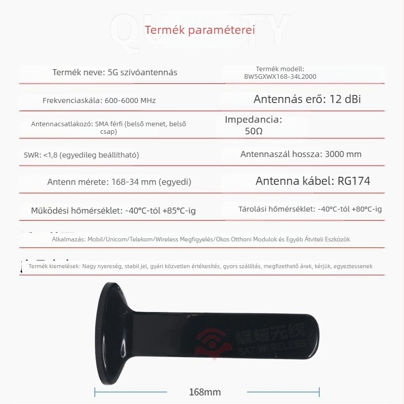 Teljes sávú 2G/3G/4G magas nyereségű szívókupakantenna, 12 dBi, omnidirekcionális, routerhez, modell BW5GXWX168-34L2000, Bat Wireless