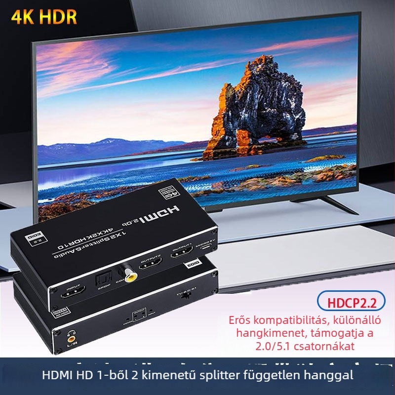 HDMI osztó 1 bemenet, 2 kimenet, optikai szál támogatás, 3,5 mm hang, 4K60Hz HDR