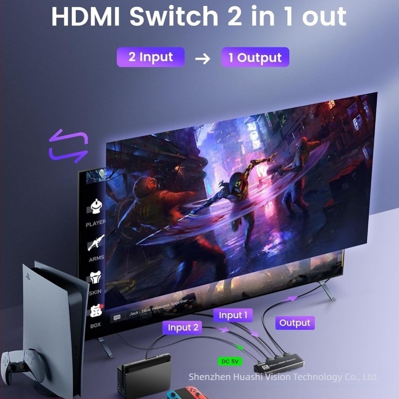 HDMI 2.1 2x1 kapcsoló, bemenetek-kimenetek, 8K60Hz / 4K120Hz