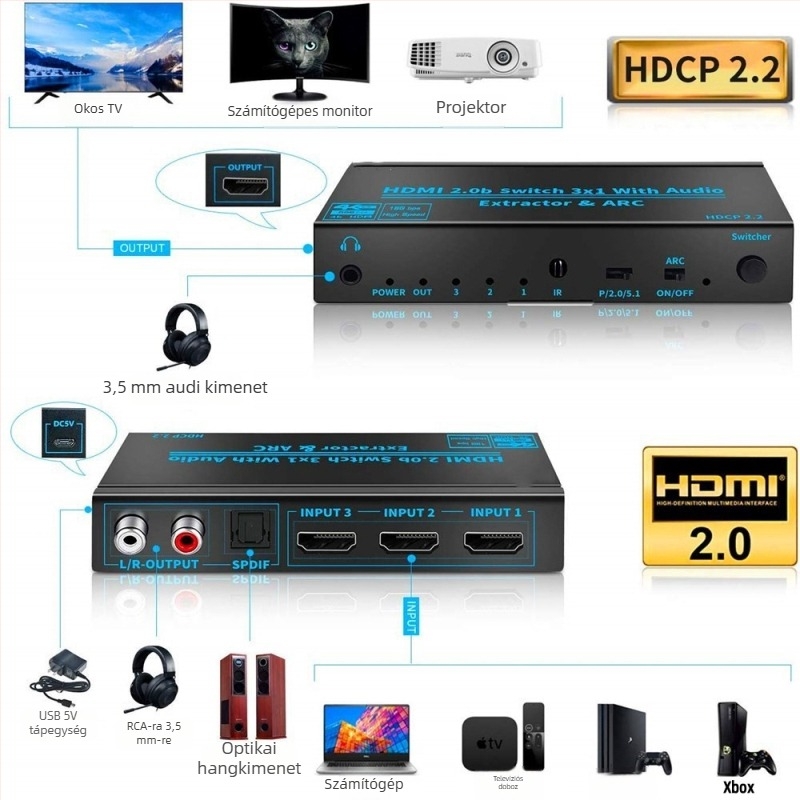 Oxygen OZVQ3-2 HDMI 2.0 kapcsoló, 3 bemenet 1 kimenet, ARC, audió kivonó, 4K60Hz