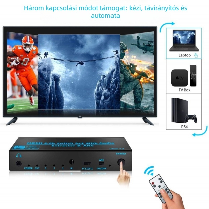 Oxygen OZVQ3-2 HDMI 2.0 kapcsoló, 3 bemenet 1 kimenet, ARC, audió kivonó, 4K60Hz