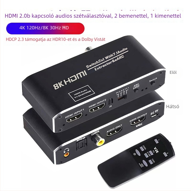 HDMI 2.1b kapcsoló (2 bemenet, 1 kimenet) HDMI hang de-embedding és eARC támogatással, 4K/60Hz, HDCP 2.3, 7.1 Dolby panoráma hang