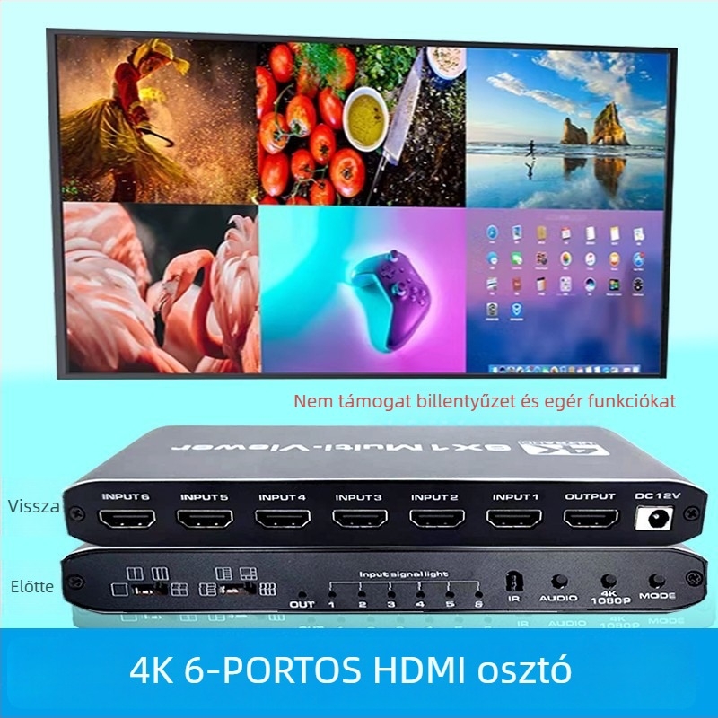HDMI 6-in-1 kapcsoló, 4K/1080p támogatás, egyetemes kompatibilitás, 5 m kábelhossz