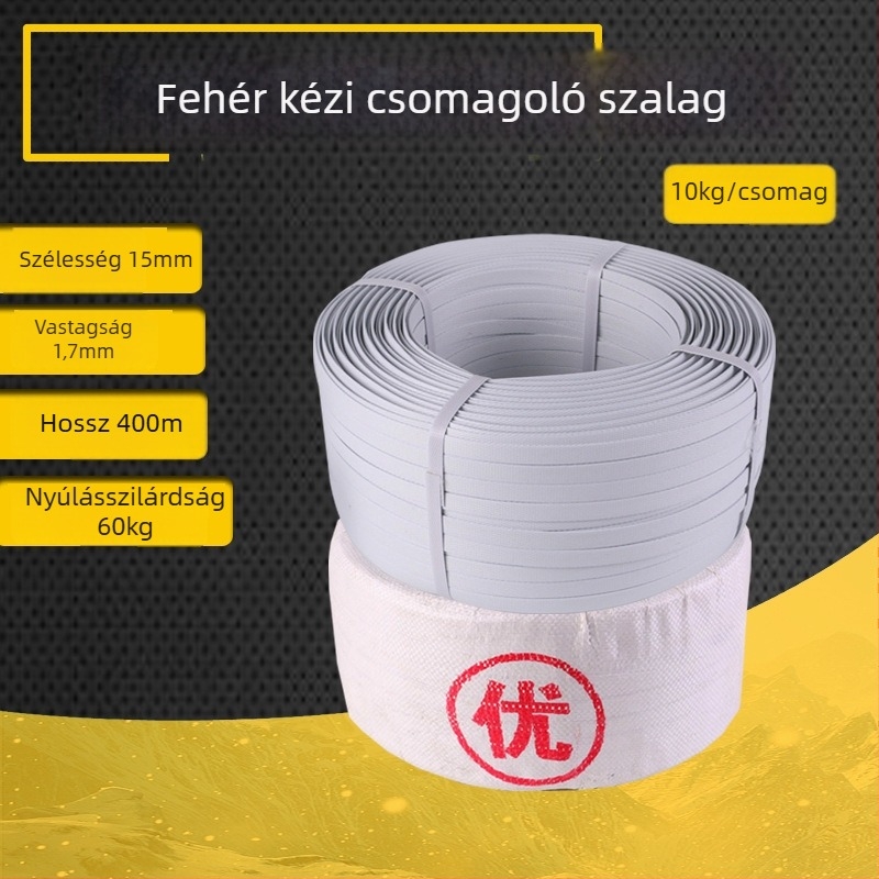 Kézzel készített PP csomagoló szalag csattal, 1,7 mm vastagság, 60 kg szakítószilárdság, 400 m/tekercs, külső átmérő 350 mm, belső átmérő 200 mm