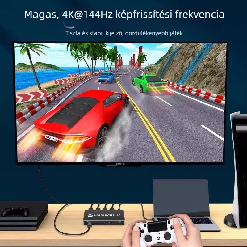 8K Ultra HD HDMI kapcsoló 4 bemenet 1 kimenet PS5-höz és PC-hez, HDMI 2.1, támogatja a 4K120Hzet, 2K144Hz-t és VRR-t