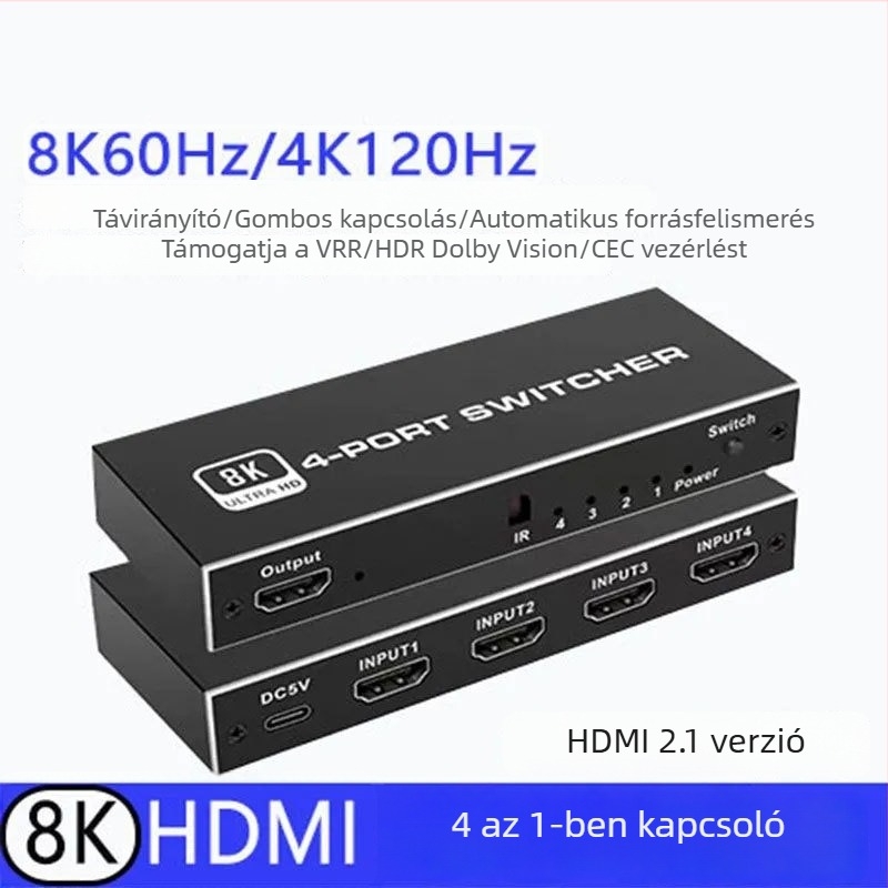 8K Ultra HD HDMI kapcsoló 4 bemenet 1 kimenet PS5-höz és PC-hez, HDMI 2.1, támogatja a 4K120Hzet, 2K144Hz-t és VRR-t