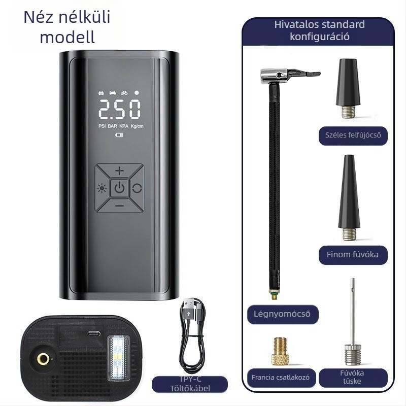 Elektromos hordozható autógumi sűrítő digitális kijelzővel, 12V, 120W, 35 L/perc, vezeték nélküli